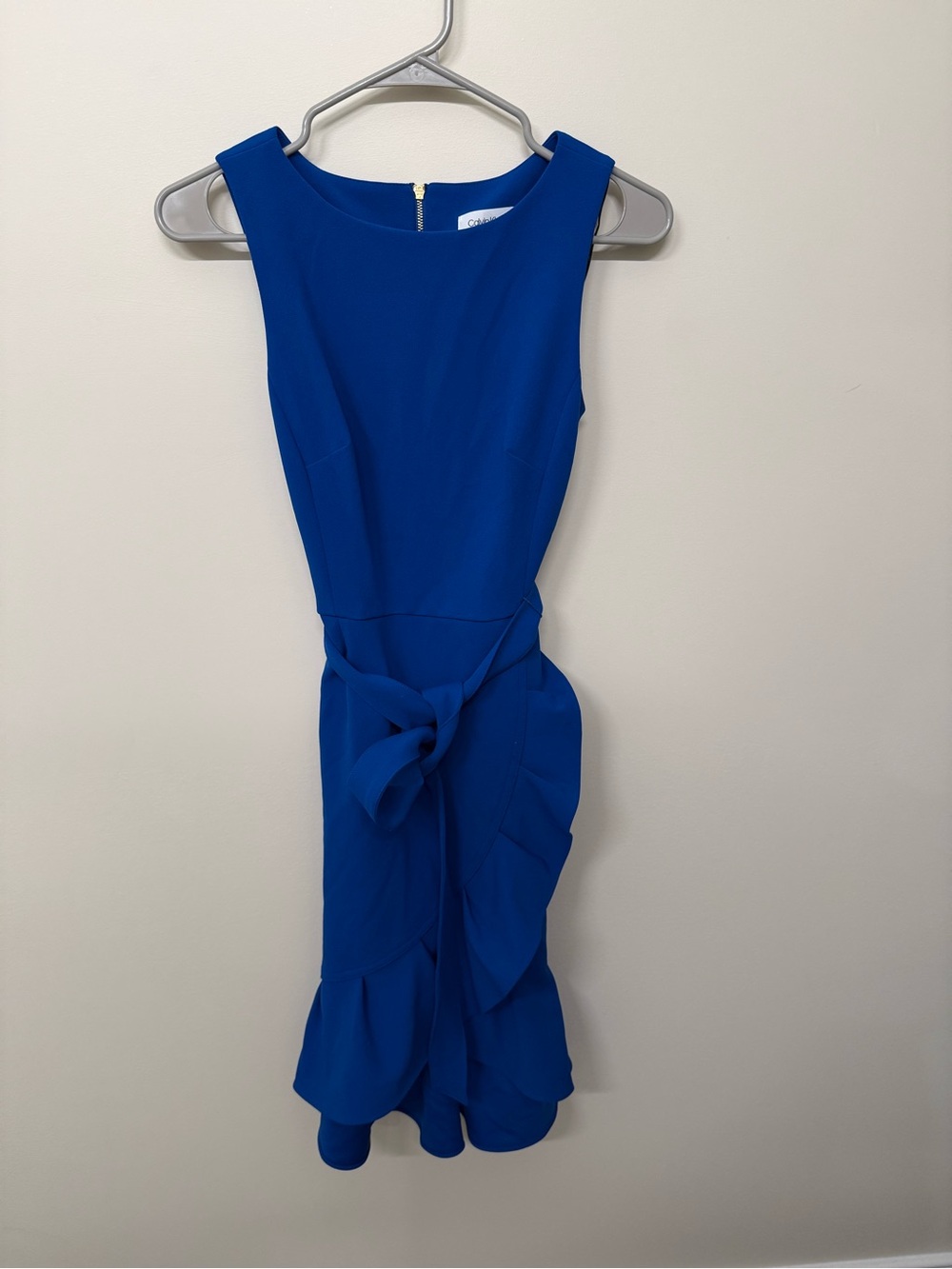Calvin Klein Cobalt Blue Asymmetrical Ruffle Sheath Dress